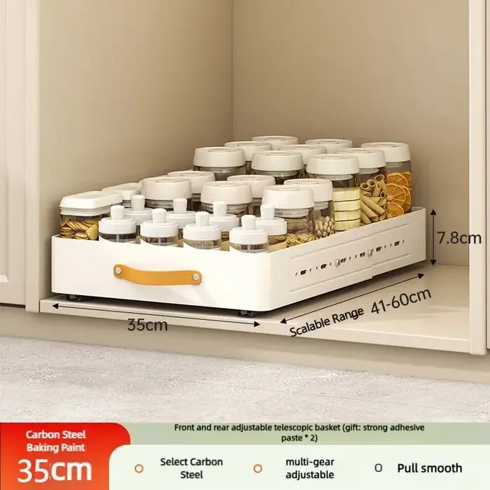 Étagère de rangement de cuisine évolutive, organisateur d'armoires avec tiroir coulissant, plateau d