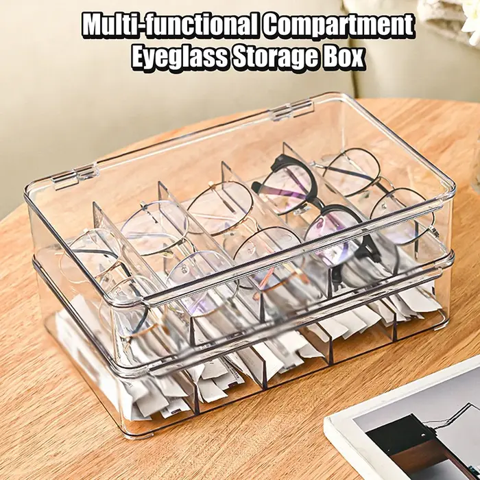 Boîte de rangement pour lunettes transparente multifonctionnelle, 5 grilles divisées, organisateur d