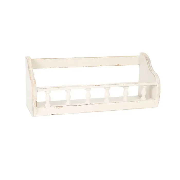 Étagère murale rustique en bois avec broches décoratives, finition blanche vieillie, organisateur de
