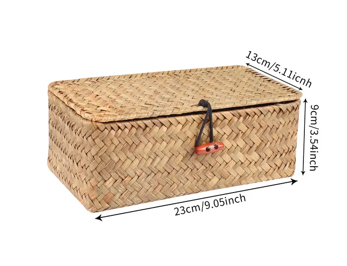 Mir rectangulaire en rotin tissé avec couvercle, étagère de rangement, jonc de mer fait à la main, o