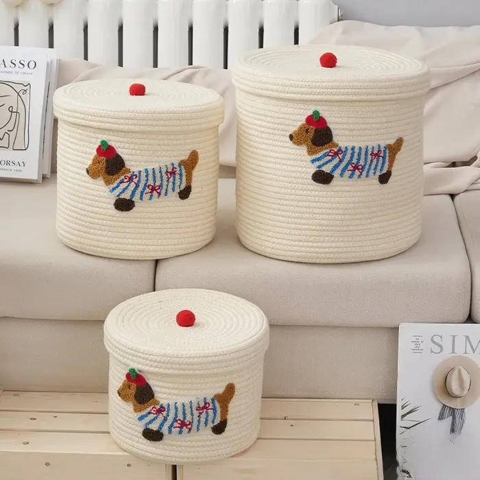 Nouveau panier de rangement en corde de coton tressée, grande capacité, anti-poussière, avec couvercle, pour bureau et tri de vêtements