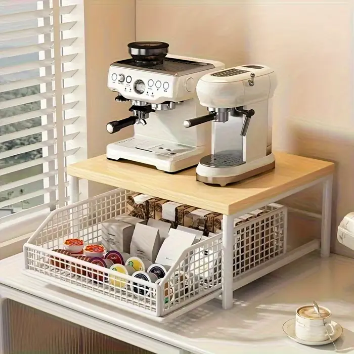 Organisateur de comptoir de cuisine robuste en bois dur, gain de place, avec tiroir et panier en fil métallique pour machine à café