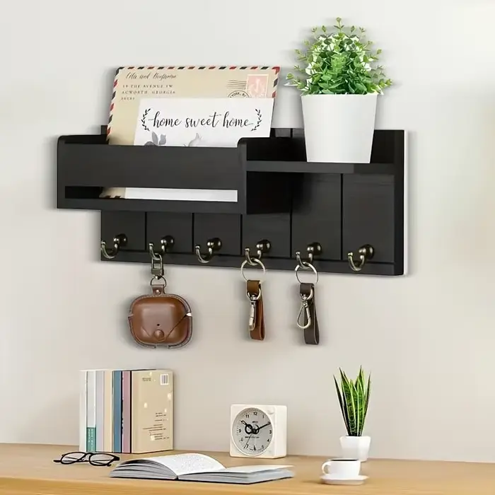 Support de rangement mural, support de rangement mural en bois avec 7 crochets, adapté aux boîtes po