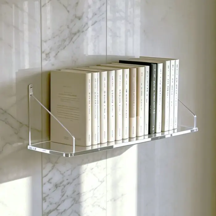 Étagère flottante en acrylique transparente à fixer au mur avec crochets adhésifs pour livres