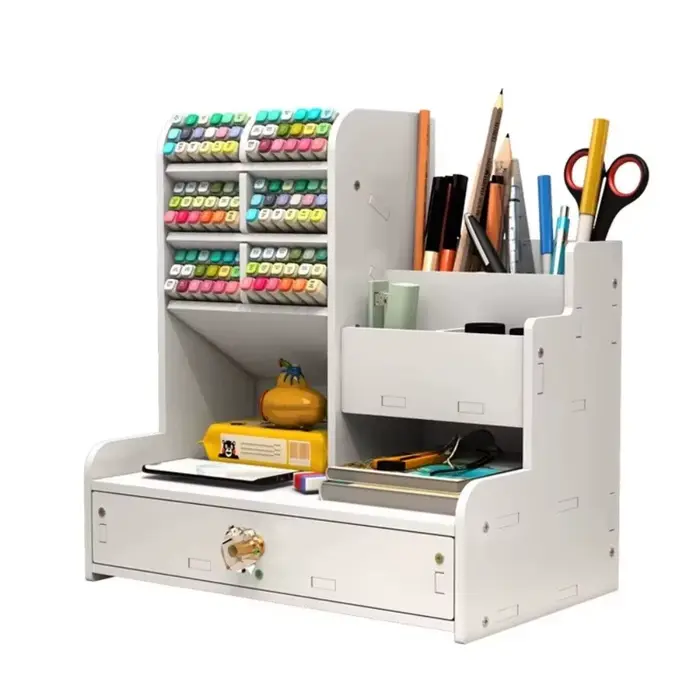 Porte-crayons de bureau avec tiroir, grande capacité, organisateur de bureau multifonction, blanc, f