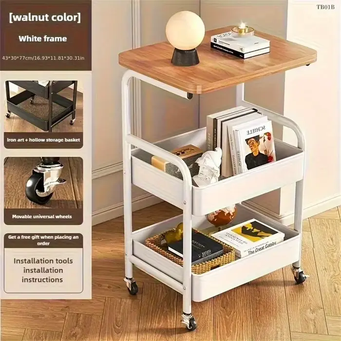 Étagère de rangement mobile à 3 niveaux avec plateau en bois massif