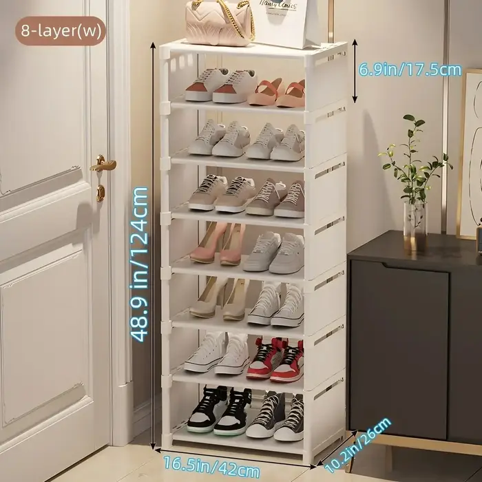 Organisateur de chaussures blanc à 8 niveaux, structure métallique robuste et intercalaire en tissu,