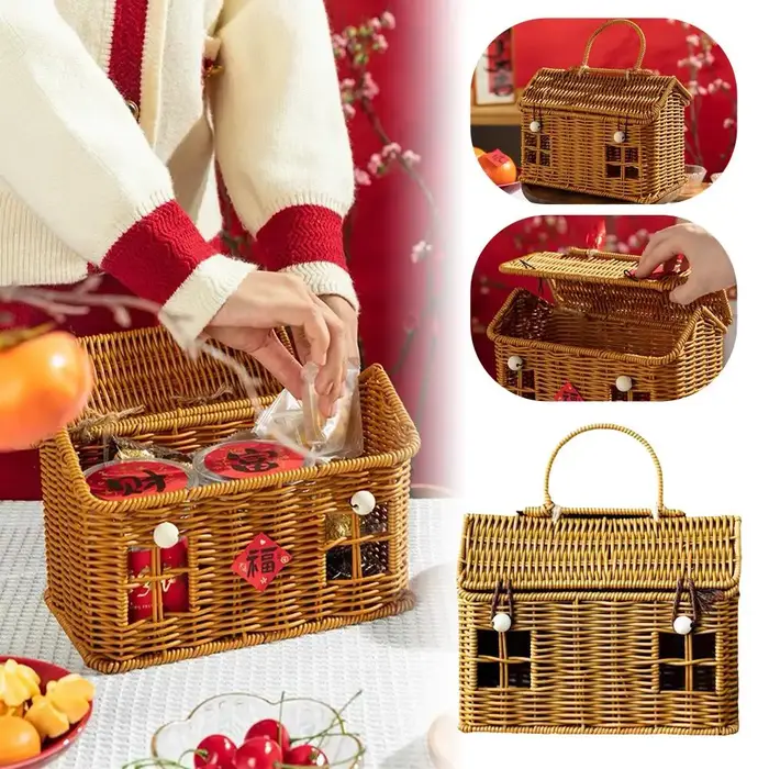 Panier en forme de maison en rotin avec couvercle