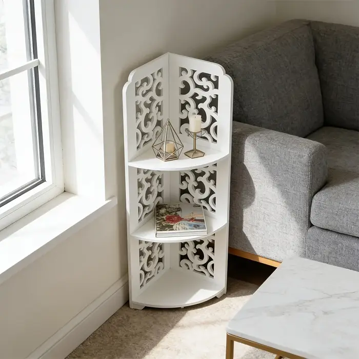 Étagère d'angle triangulaire autoportante en PVC blanc sculpté de style européen à 3 niveaux