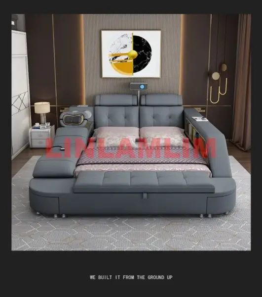 Lit intelligent de luxe rembourré avec étagères