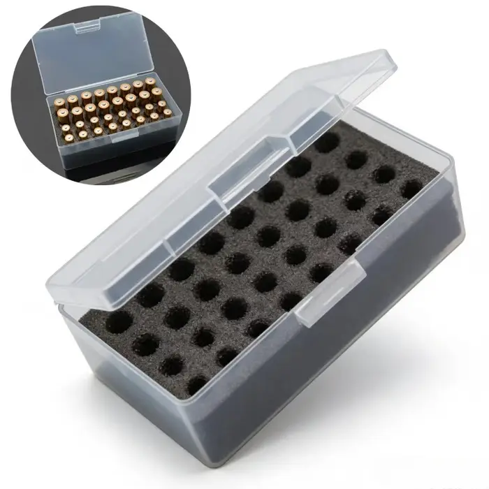 Boîte de rangement pour piles à 32 compartiments avec dispositif de sécurité, doublure en plastique