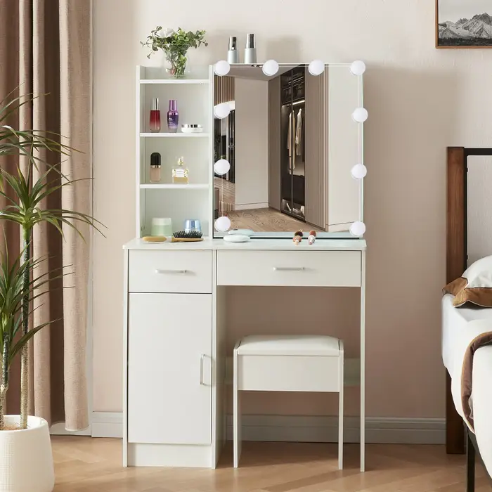 Ensemble de vanité de maquillage avec miroir et lumières, commode, armoire de rangement, 3 modes d'é