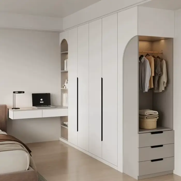 Armoire îlot gain de place avec bibliothèque et bureau intégré pour chambre à coucher