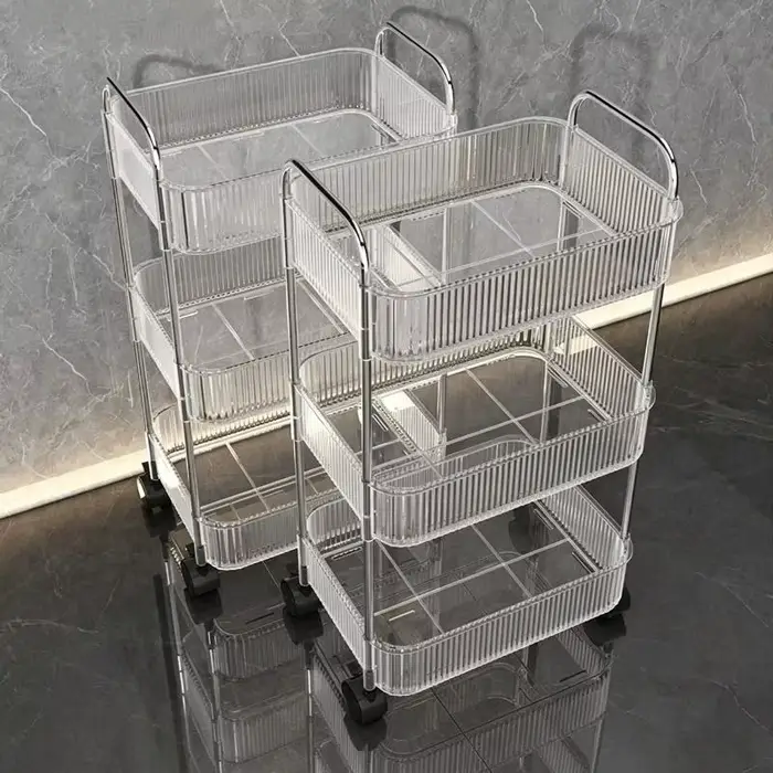 Étagère de rangement transparente à plusieurs niveaux avec roulettes