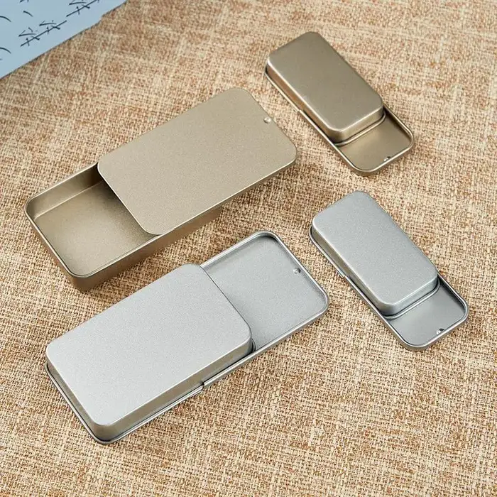 Boîte en fer blanc mini portable avec couvercle coulissant pour rangement