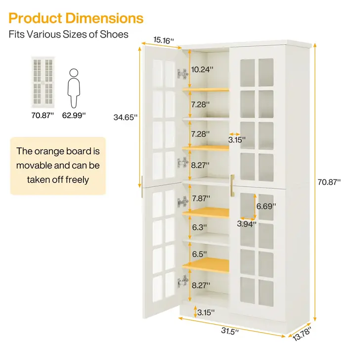 Armoire à chaussures de 71 pouces de hauteur avec portes