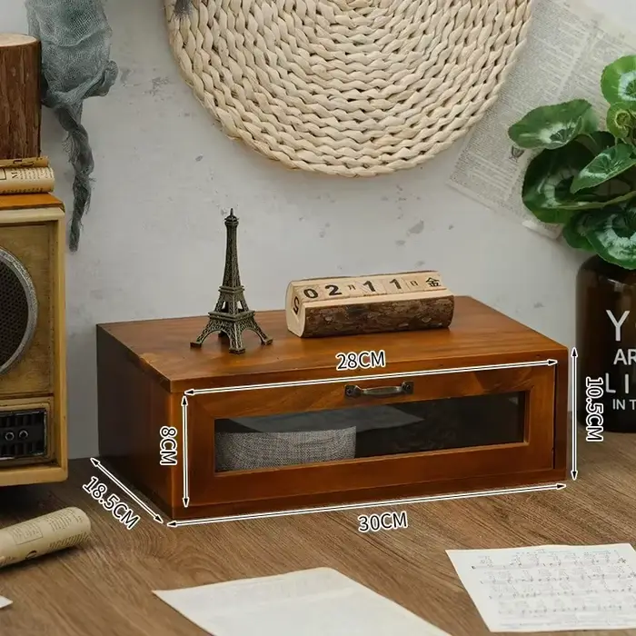 Boîte de rangement à tiroirs en bois – Organiseur de bureau, armoire à étagère accrue pour moniteur 
