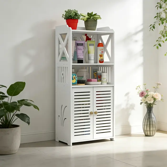 Meuble de salle de bain autoportant en PVC blanc ajouré en forme de X, style nordique, avec étagères