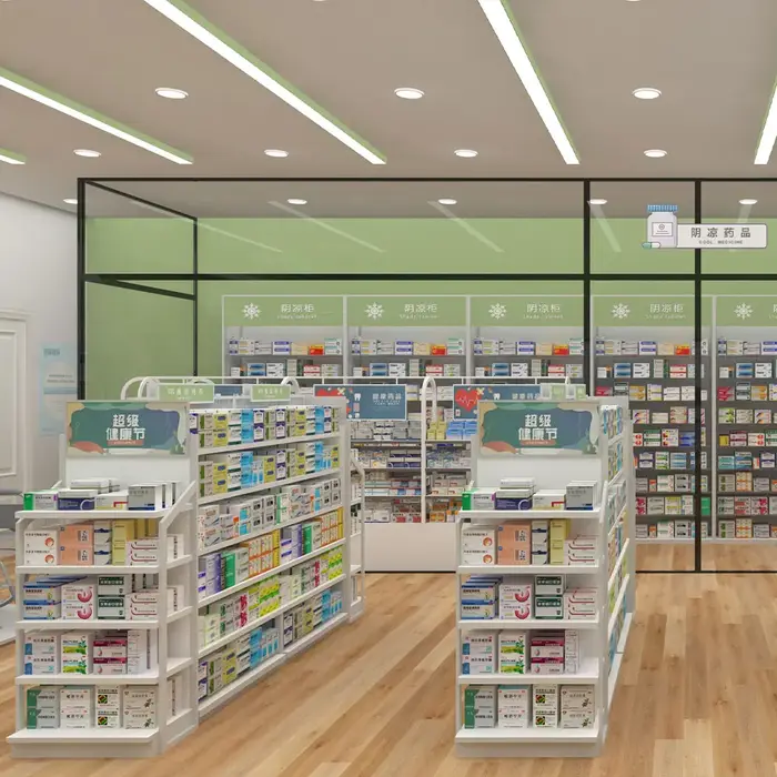 Étagères de pharmacie en bois écologiques 02-DYJYS003-P1, design intérieur de pharmacie pour la prés