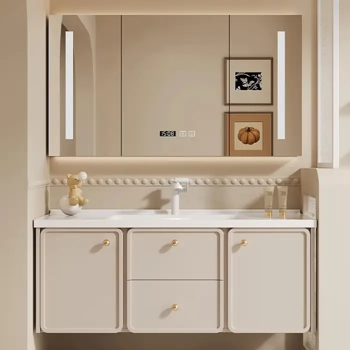 Meuble de salle de bain intégré de style crème moderne avec peinture au chêne, lavabo intelligent, l