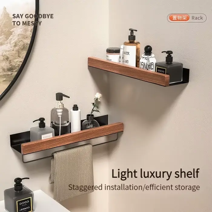 Étagère de salle de bain en bois et aluminium