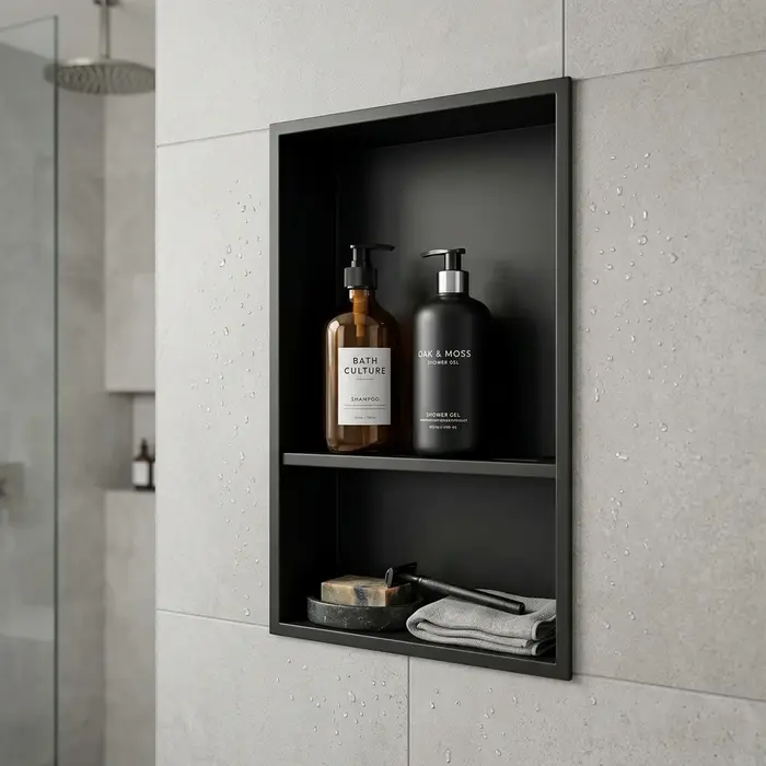 Niche de douche en acier 18'' x 12'' noir mat, sans carrelage, pour rangement mural encastré dans la