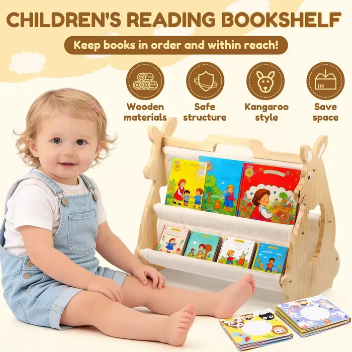 Étagère à livres pour enfants en bois Montessori avec poignée de transport