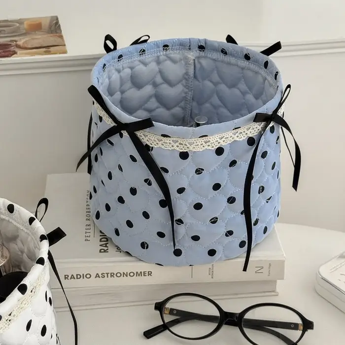 Nouvelle boîte de rangement de bureau YT à pois avec nœud, panier de rangement pour articles divers,