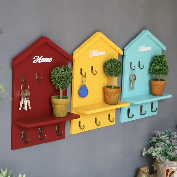 Porte-clés mural créatif en bois avec 5 crochets et trou de suspension