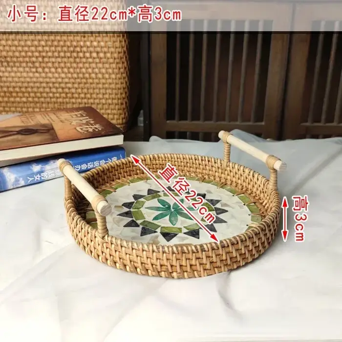 Plateau de rangement rond en rotin créatif, coquille naturelle, panier en rotin avec poignée, décora