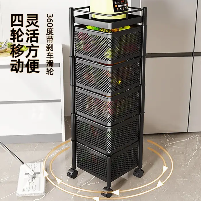 Étagère carrée de cuisine avec roulettes, chariot de rangement rotatif, étagère de cuisine pivotante à 3, 4 ou 5 niveaux, chariot pratique