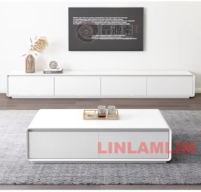 Table basse et meuble TV avec armoires de rangement, ensemble de meubles de salon blancs modernes, e