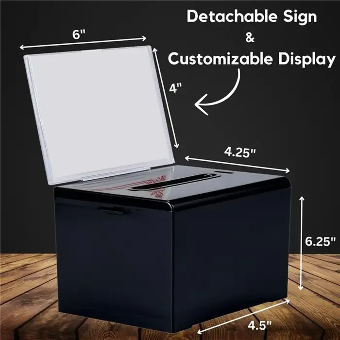 Boîte à dons et suggestions en acrylique blanc avec serrure et porte-panneau pour votes tombolas et collecte sécurisée en bureau ou école