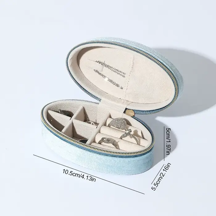 Boîte à bijoux en velours – Organiseur ovale compact avec compartiments divisés et crochet pour coll