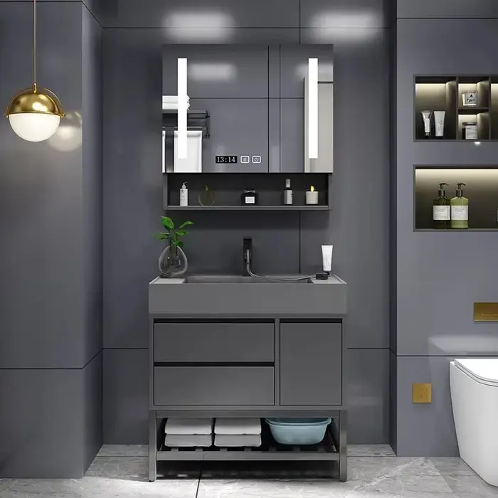 Double évier vanité unité salle de bain Mobile maquillage miroir Armoire toilette rangement Armoire 