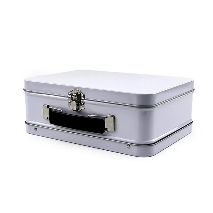 Boîte rectangulaire en fer à main, fer blanc, boîte à déjeuner à l'ancienne, blanc, noir, argent, bi