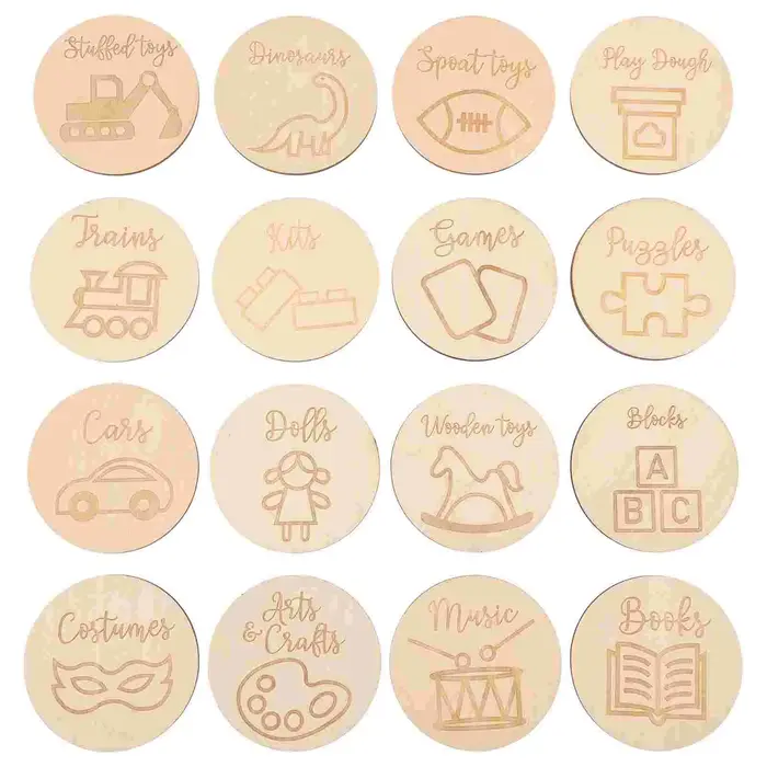 Étiquettes rondes en bois pour boîte à jouets