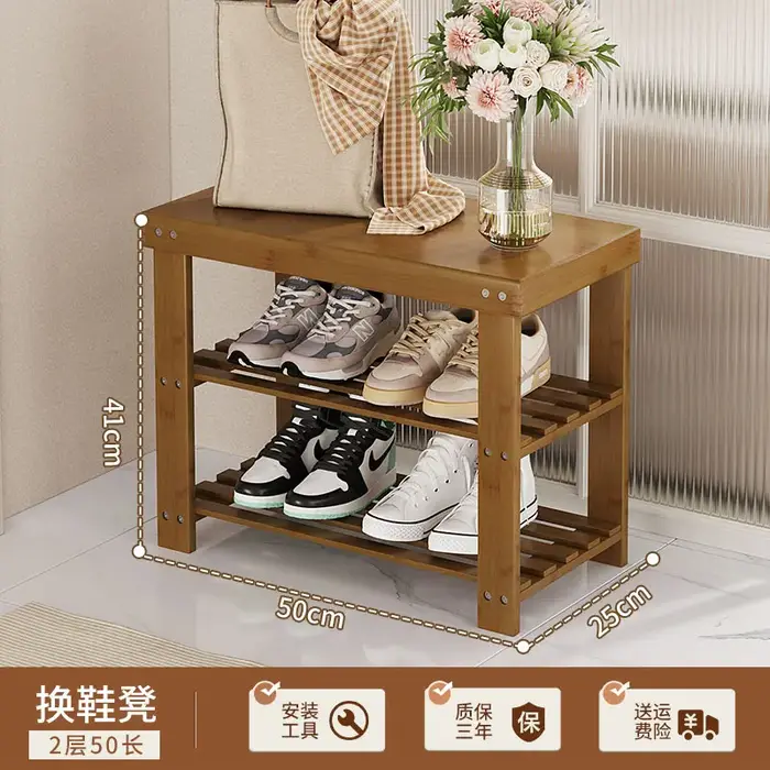 Banc d'entrée en bambou avec crochets, siège de rangement de chaussures robuste, porte-manteau multi