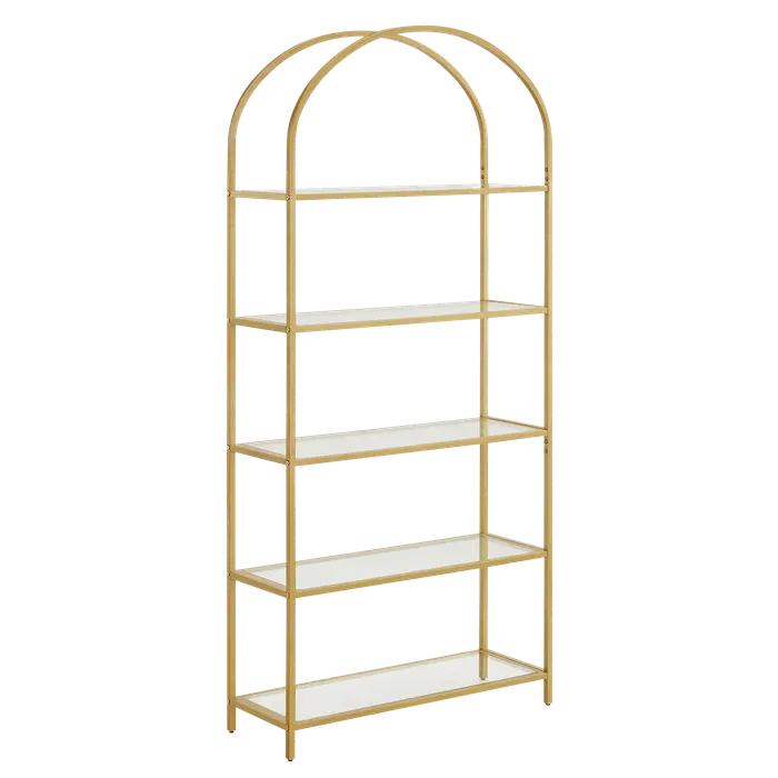 Étagère de rangement haute à 5 niveaux pour la maison, unité d'étagère en verre trempé de couleur or