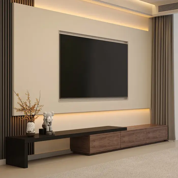 Meuble TV rétractable pour salon, en bois, design simple, noir, style moderne vintage, mobilier pour