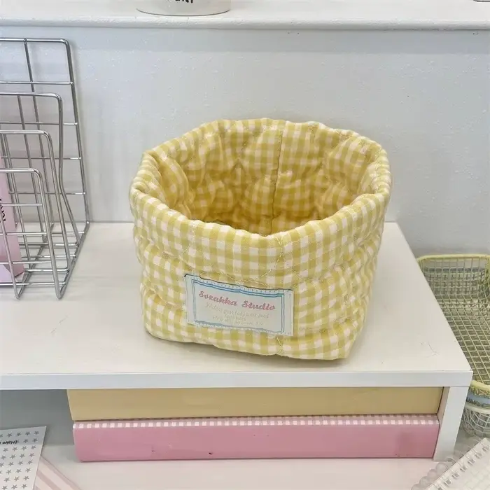Panier de rangement en tissu à carreaux et rayures