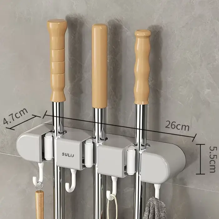 Support de vadrouille à balai avec crochets, support de rangement mural pour balai, sans perçage, or