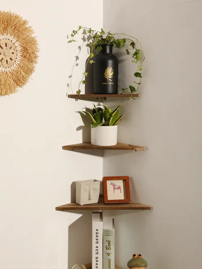 Étagère d'angle en bois brûlé au charbon de bois