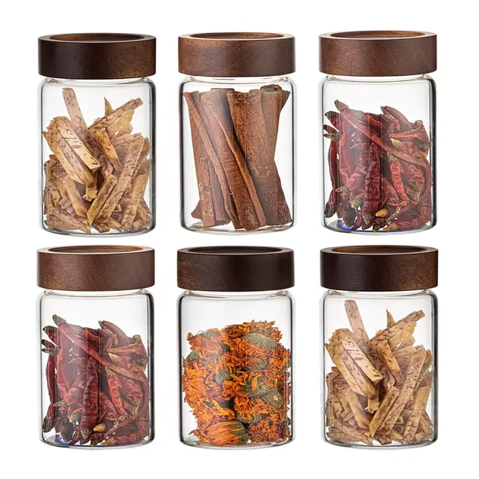 Bocaux de stockage des aliments en verre avec couvercles hermétiques en bois d'acacia à vis