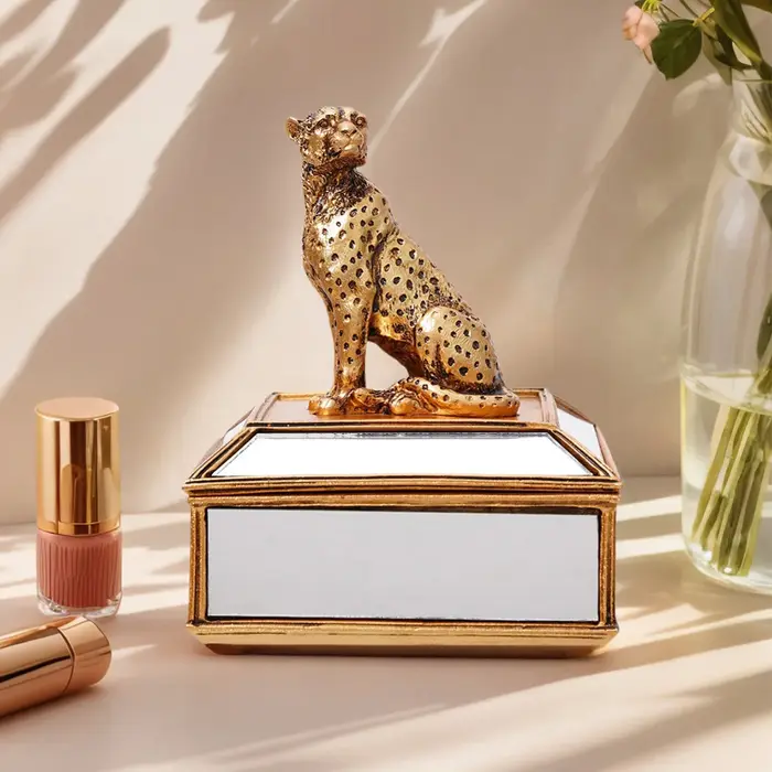 Boîte de rangement pour bijoux en forme de léopard doré effet miroir