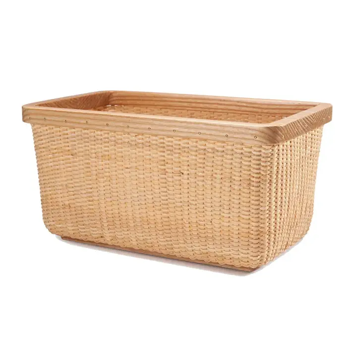 Boîte de rangement en rotin avec couvercle, panier recouvert de bois massif, organisateur en jonc de