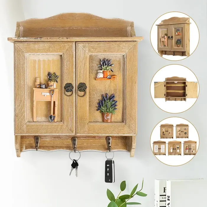 Pour la maison salon décor rétro en bois Double portes boîte à clés organisateur support 9 crochets clé armoire