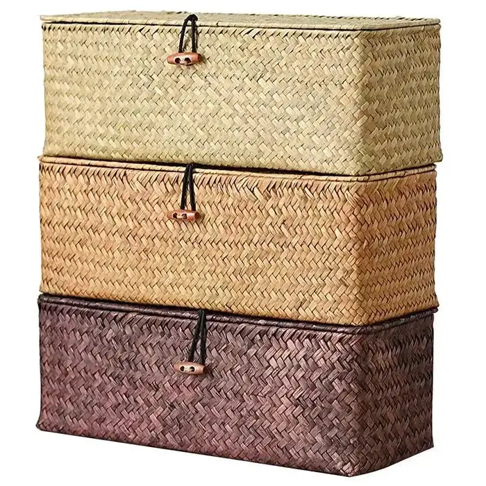 Panier de rangement en jonc de mer avec couvercle