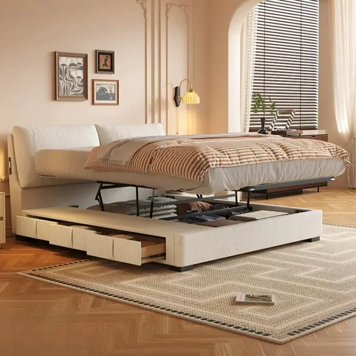 Lit de chambre avec rangement, banquette, tiroirs, en tissu, moderne, gain de place, style japonais, Cama De Casal, mobilier du milieu du siècle