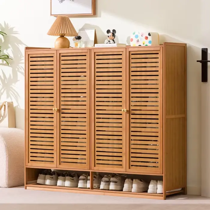 Armoire à chaussures légère et luxueuse en bambou à portes à persiennes